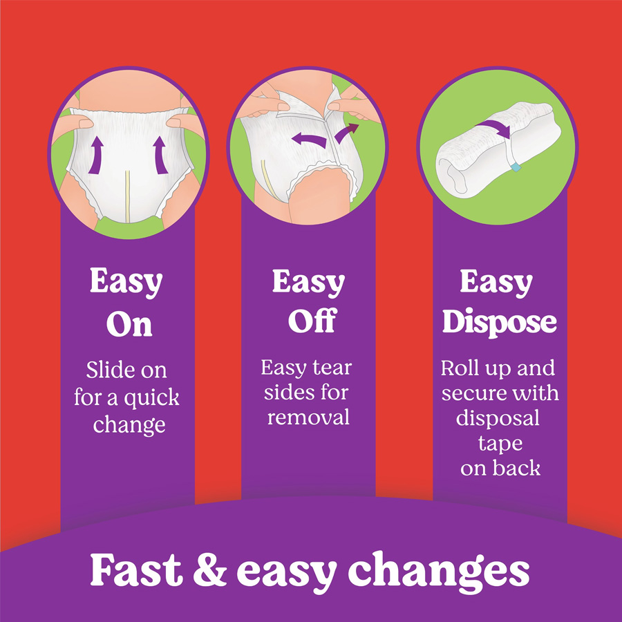 Little Movers® HuggFit™ 360° Diapers Slip On Design for an easier diaper change. Quickly slide on, Tear off during changes and easy disposal.